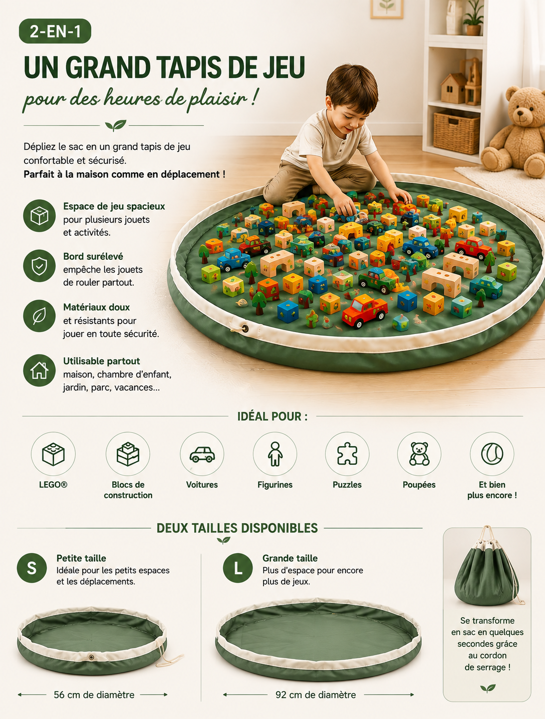 Sac de rangement pour jouets et tapis de jeu