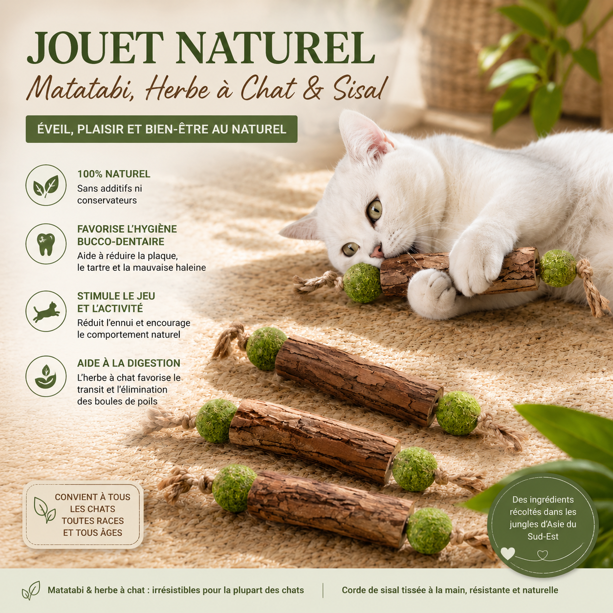 Set 3 pcs bâtonnets à jouer en matatabi pour chats