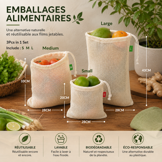 Set 3 pcs sacs réutilisables en maille de coton