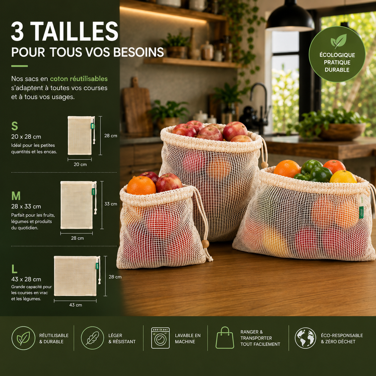 Set 3 pcs sacs réutilisables en maille de coton
