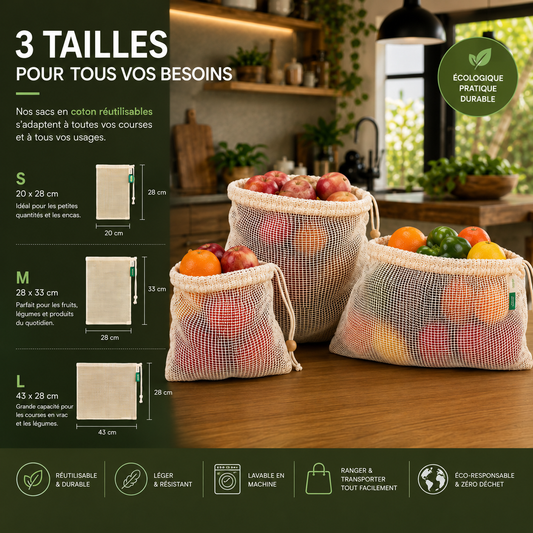 Set 3 pcs sacs réutilisables en maille de coton