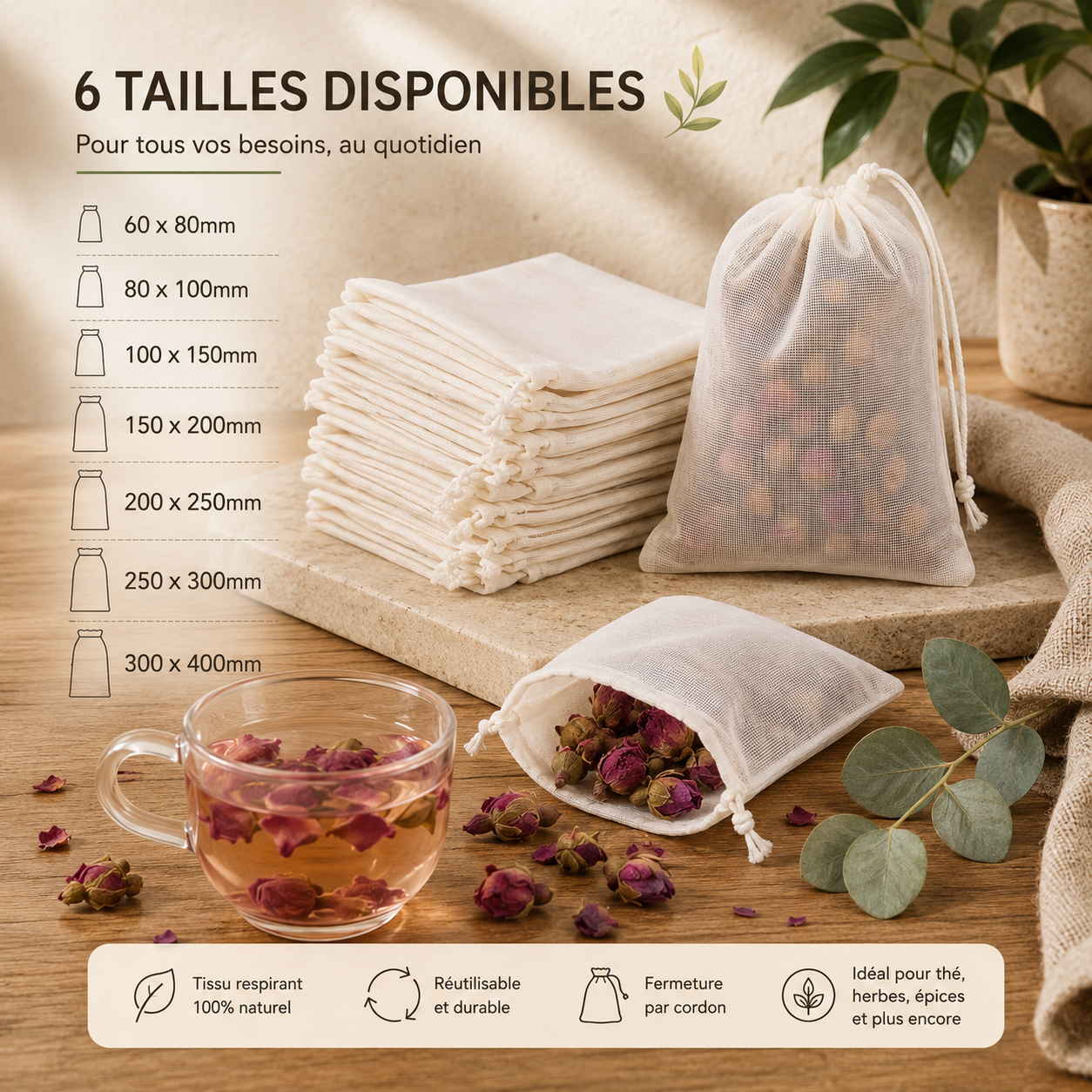 Sac réutilisable en mousseline de coton