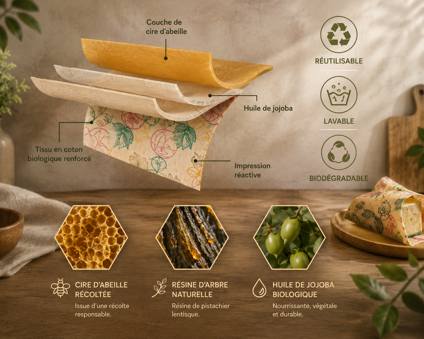 Enveloppes réutilisables en cire d'abeille