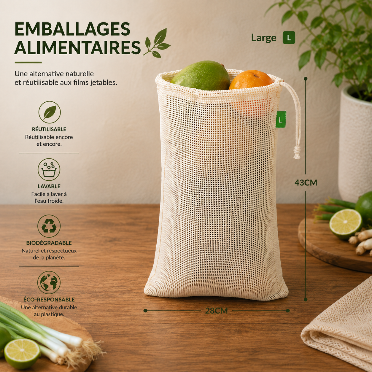 Set 3 pcs sacs réutilisables en maille de coton
