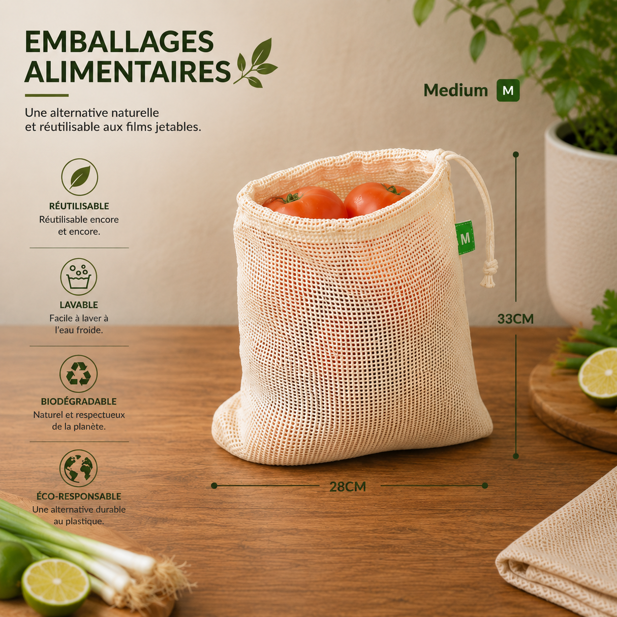 Set 3 pcs sacs réutilisables en maille de coton