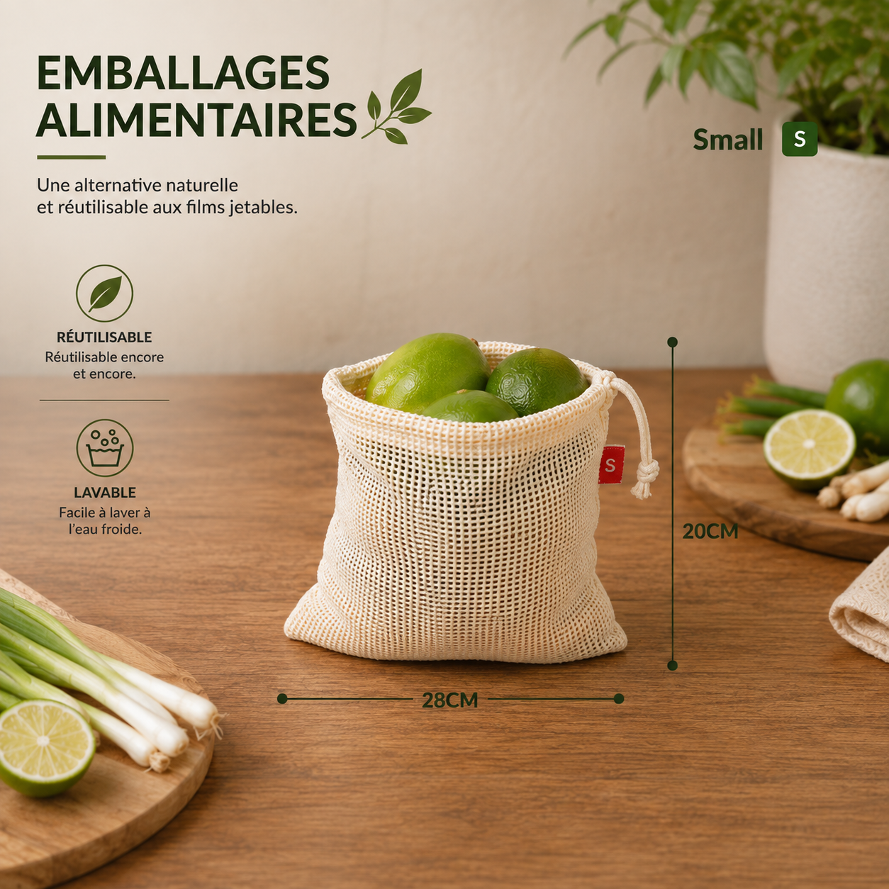 Set 3 pcs sacs réutilisables en maille de coton