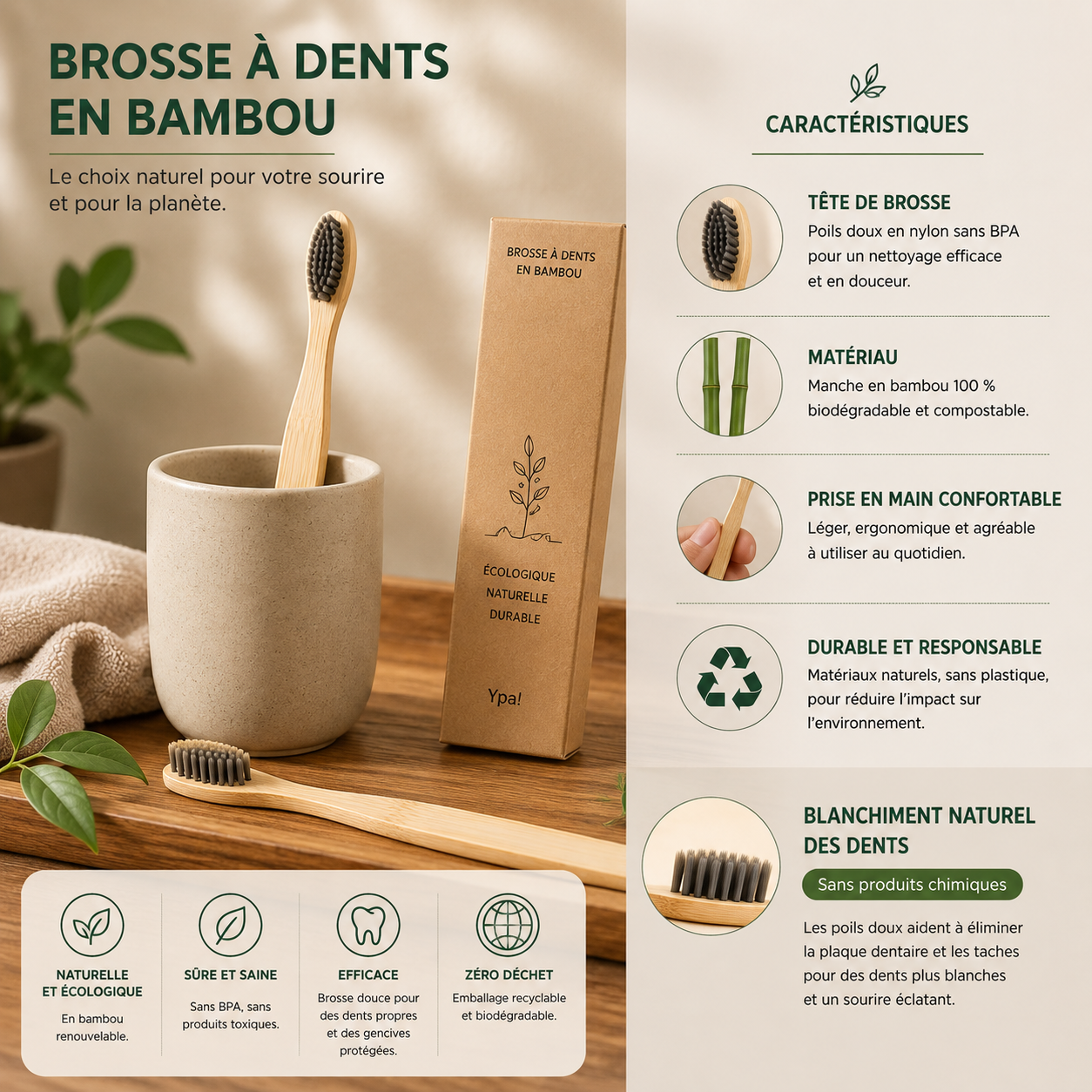 Brosse à dent en bambou naturel
