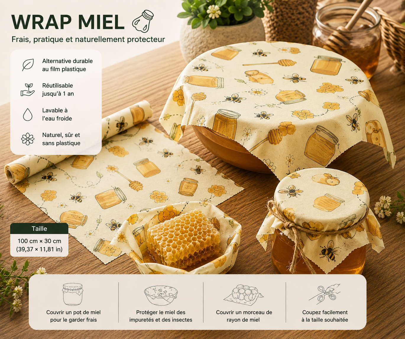 Rouleau d'emballage de cire d'abeille réutilisable
